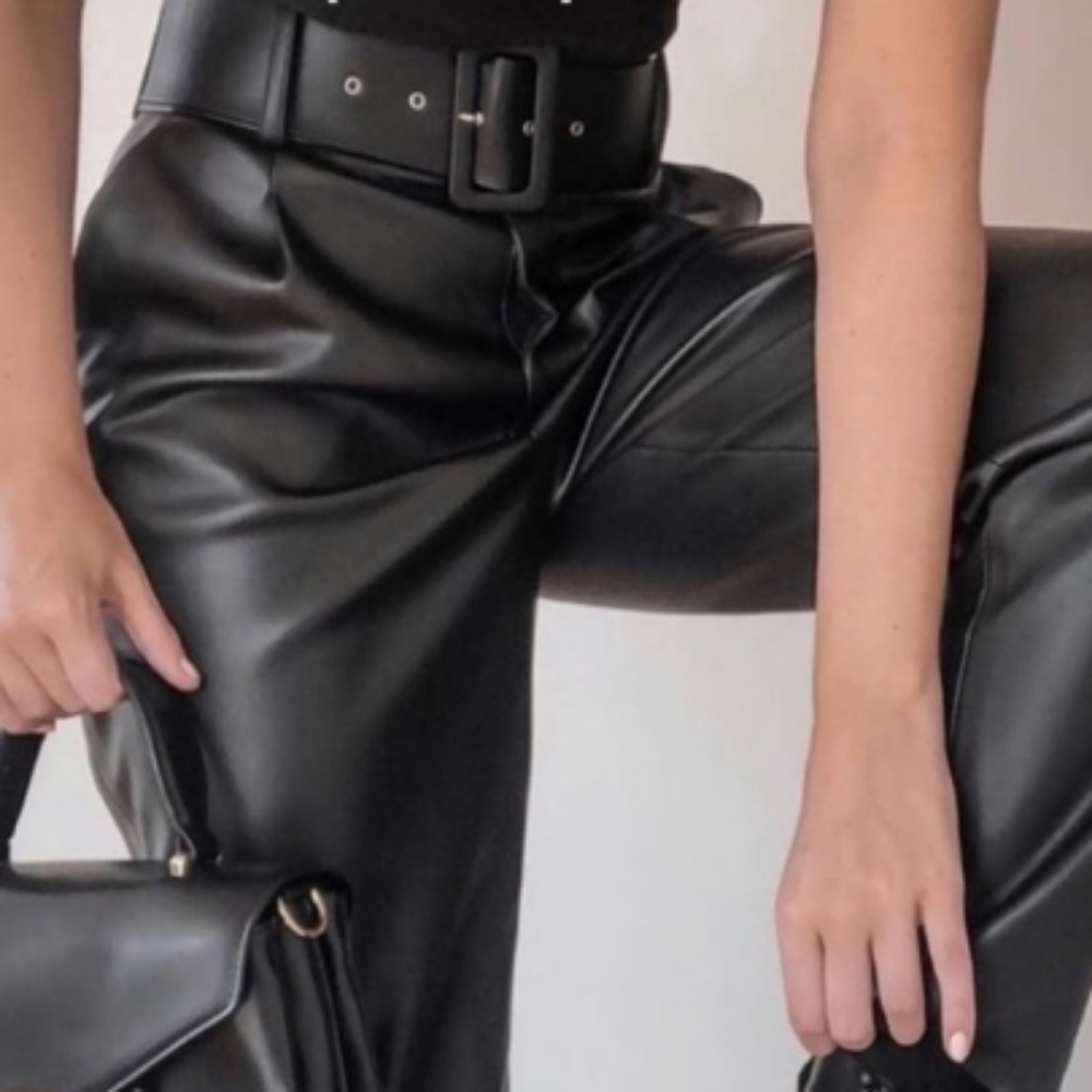 ZARA BELTED FAUX LEATHER PANTS BLACK NWT